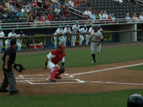 1 Evan Chambers tagged out by Josmil Pinto on throw from Lance Ray  4/14/12 against Bradenton Marauders