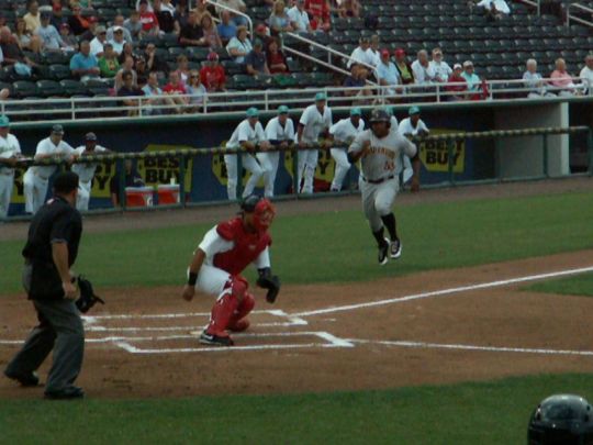 2 Evan Chambers tagged out by Josmil Pinto on throw from Lance Ray  4/14/12 against Bradenton Marauders