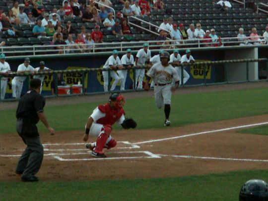 3 Evan Chambers tagged out by Josmil Pinto on throw from Lance Ray  4/14/12 against Bradenton Marauders