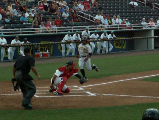 5 Evan Chambers tagged out by Josmil Pinto on throw from Lance Ray  4/14/12 against Bradenton Marauders