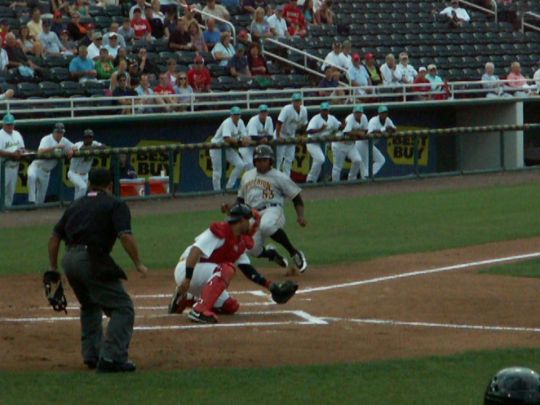 6 Evan Chambers tagged out by Josmil Pinto on throw from Lance Ray  4/14/12 against Bradenton Marauders