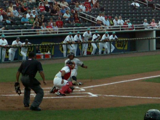 7 Evan Chambers tagged out by Josmil Pinto on throw from Lance Ray  4/14/12 against Bradenton Marauders