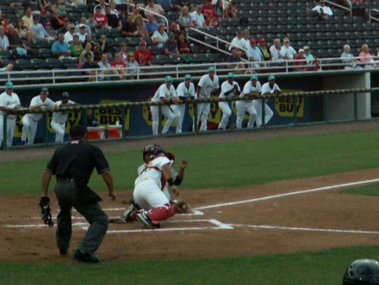 8 Evan Chambers tagged out by Josmil Pinto on throw from Lance Ray  4/14/12 against Bradenton Marauders