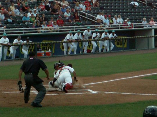 9 Evan Chambers tagged out by Josmil Pinto on throw from Lance Ray  4/14/12 against Bradenton Marauders