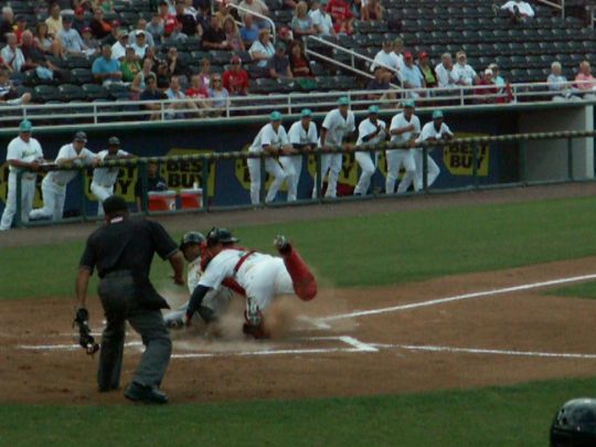 11 Evan Chambers tagged out by Josmil Pinto on throw from Lance Ray  4/14/12 against Bradenton Marauders