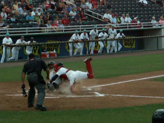 12 Evan Chambers tagged out by Josmil Pinto on throw from Lance Ray  4/14/12 against Bradenton Marauders