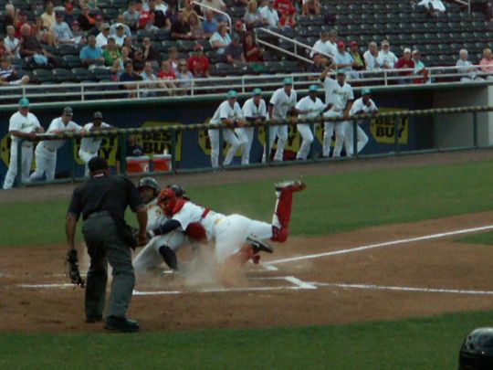 13 Evan Chambers tagged out by Josmil Pinto on throw from Lance Ray  4/14/12 against Bradenton Marauders