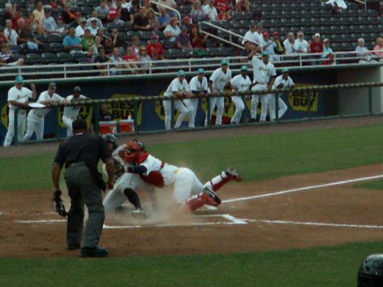 14 Evan Chambers tagged out by Josmil Pinto on throw from Lance Ray  4/14/12 against Bradenton Marauders