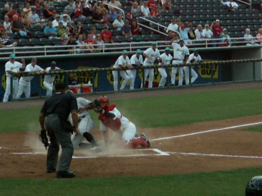 16 Evan Chambers tagged out by Josmil Pinto on throw from Lance Ray  4/14/12 against Bradenton Marauders