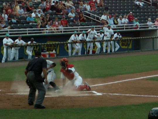 17 Evan Chambers tagged out by Josmil Pinto on throw from Lance Ray  4/14/12 against Bradenton Marauders