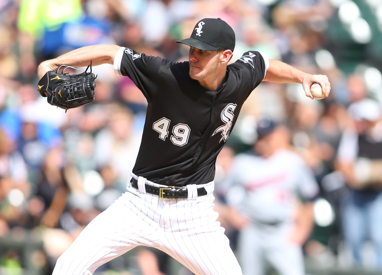 Chicago White Sox pitcher Mat Latos throws against the Minnesota
