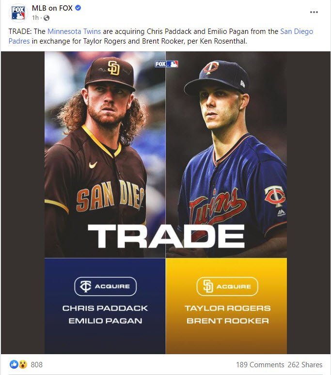 Pitcher Chris Paddack traded to Twins, Taylor Rogers to Padres