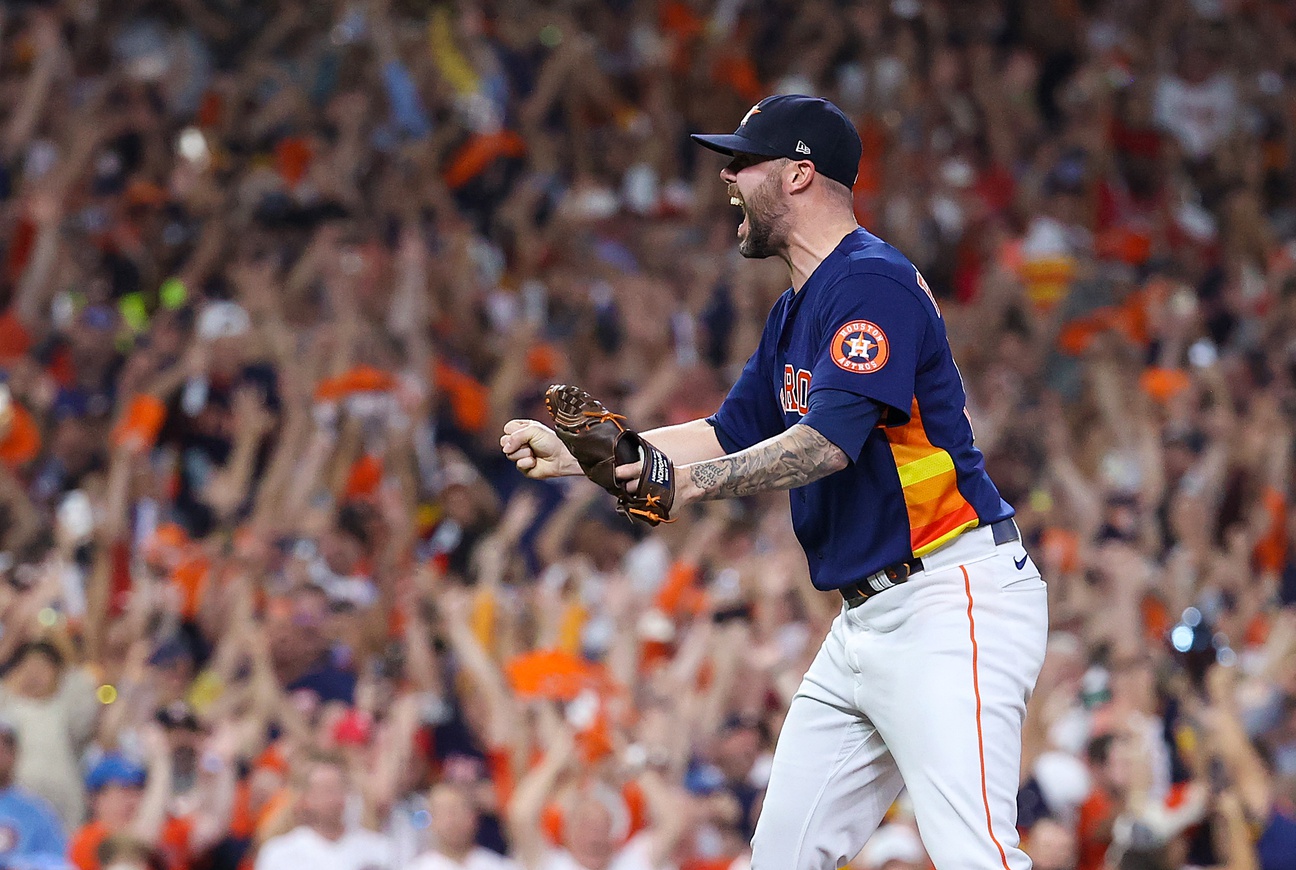 Houston, USA. 08th Oct, 2021. Houston Astros relief pitcher Ryan Pressly  throws in the eighth inning of game two of the MLB ALDS against the Chicago  White Sox at Minute Maid Park